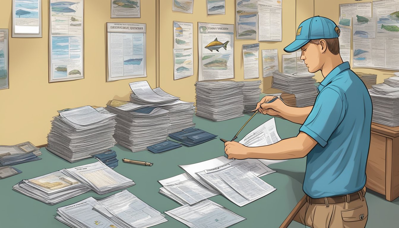 A person filling out a form at a government office, surrounded by posters and brochures about saltwater fishing regulations in Florida