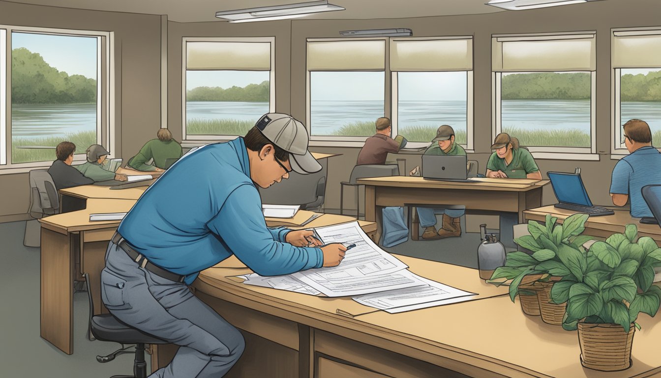 A person filling out a freshwater fishing license application at a Missouri Department of Conservation office