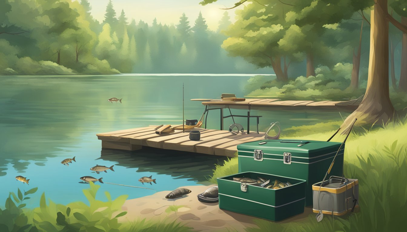 A serene lake surrounded by lush green trees, with a fishing rod and tackle box on the shore, and various fish swimming in the clear water