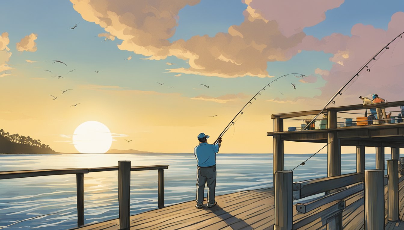 A person casting a fishing line off a pier in South Carolina, with a saltwater fishing license displayed nearby