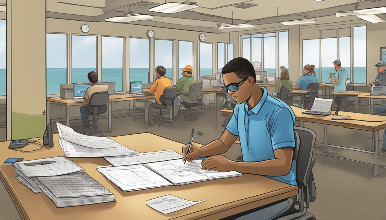 A person filling out a form at a Texas Department of Wildlife office, providing personal information and payment for a saltwater fishing license