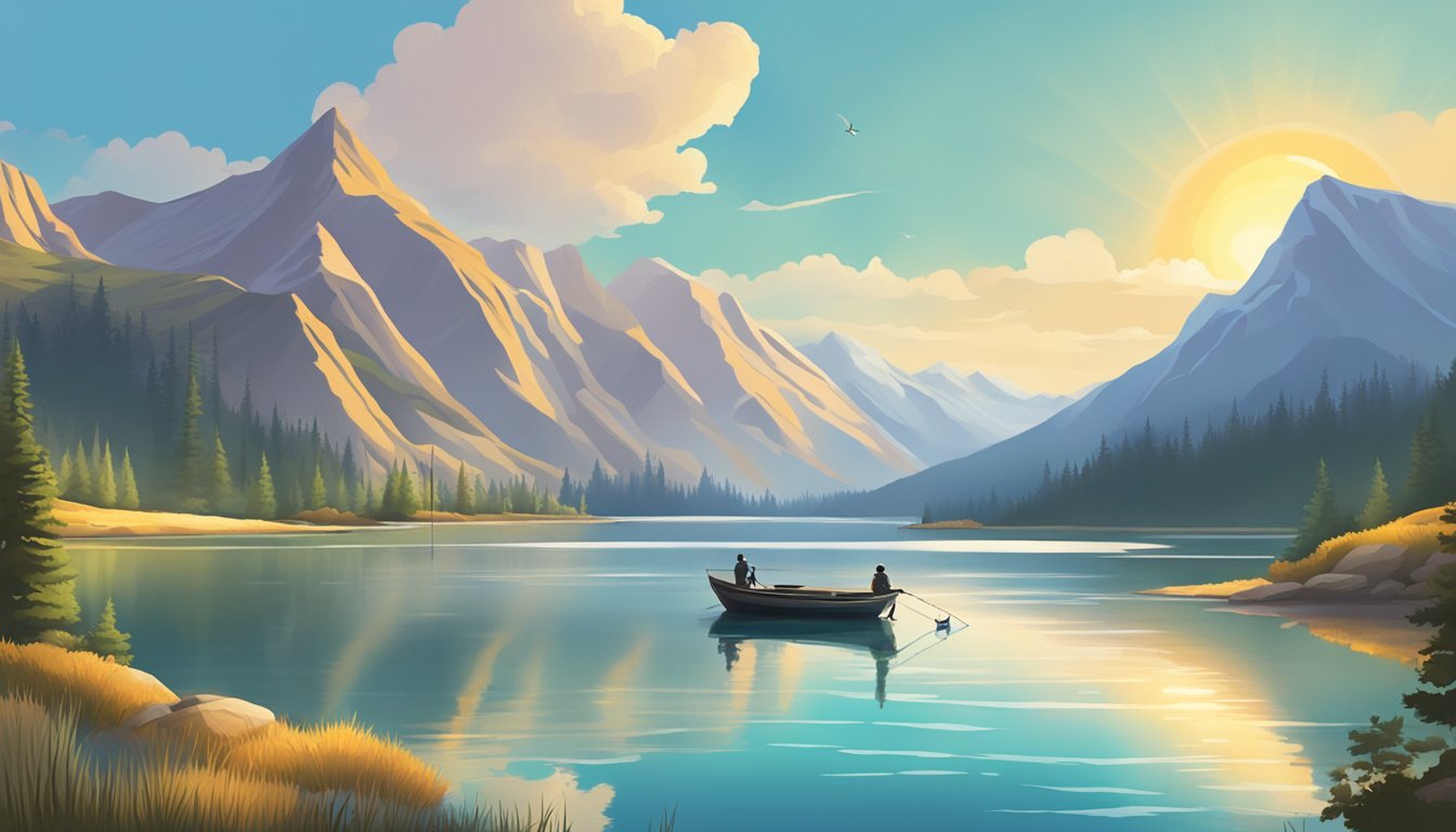 A serene lake surrounded by mountains, with a fishing boat and a fisherman casting a line under the bright Nevada sun