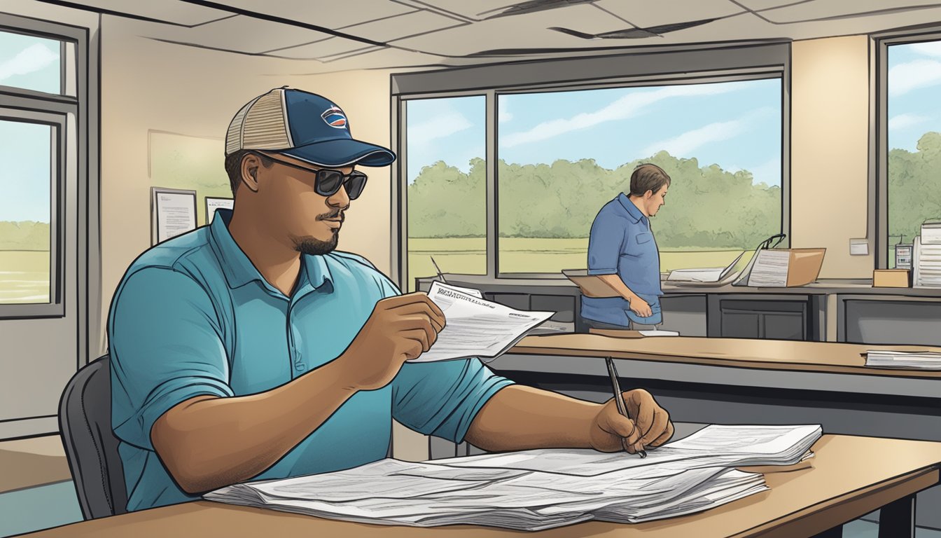 A person at a Texas fishing license office, filling out paperwork and paying fees for a saltwater fishing license