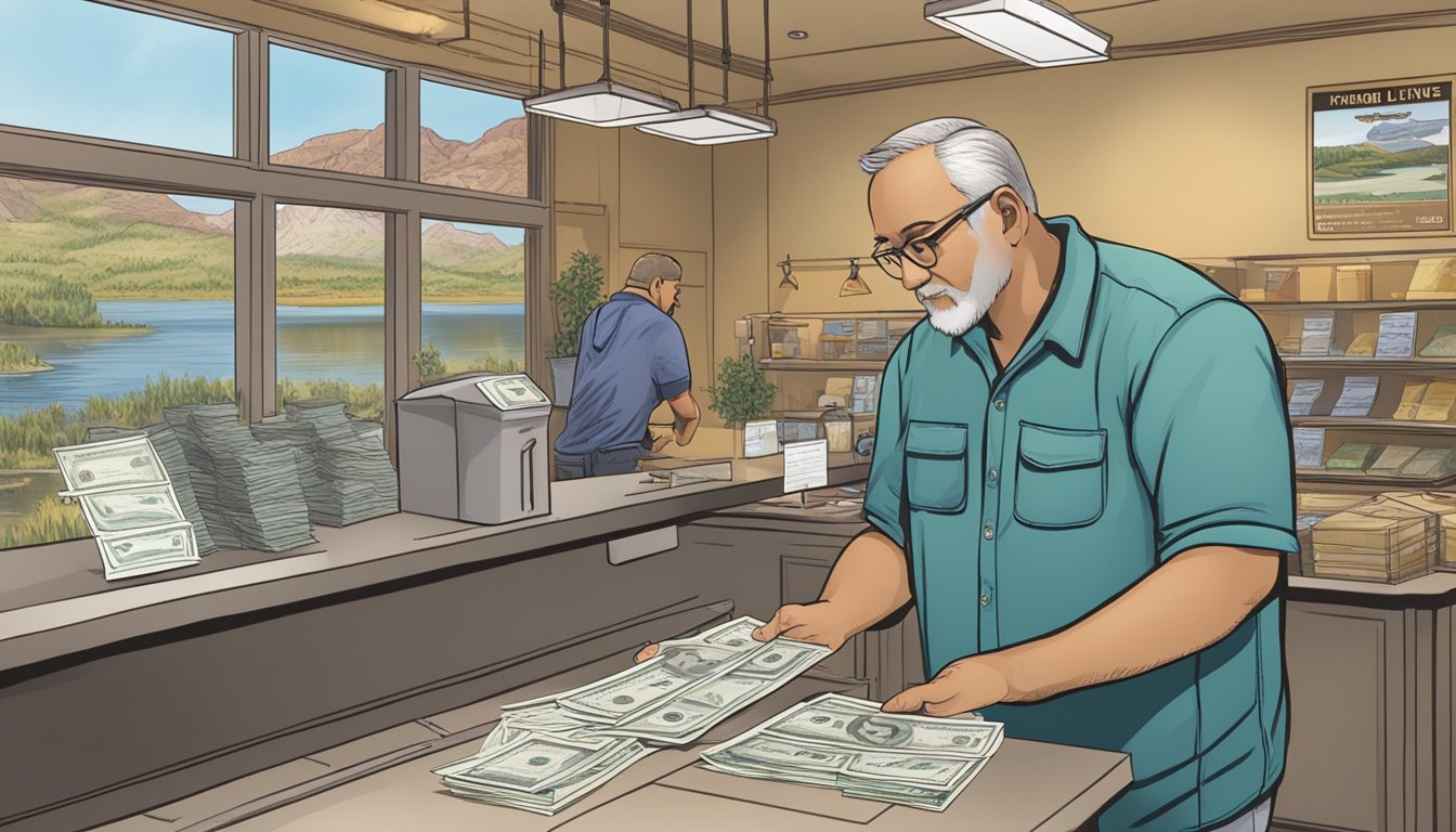 A person standing at a counter, handing over money and filling out paperwork while a clerk processes their freshwater fishing license application in Nevada