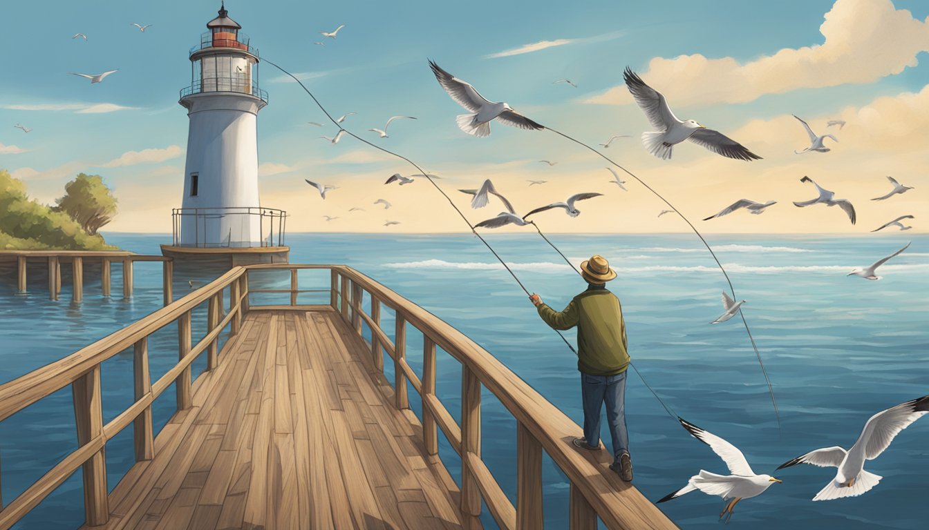 A person standing at a wooden dock, casting a fishing line into the ocean. Seagulls flying overhead and a lighthouse in the distance