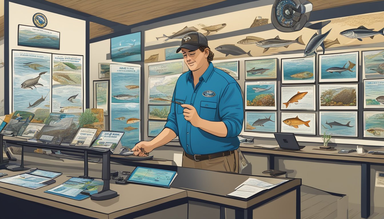 A person purchasing a saltwater fishing license at a Texas wildlife office, surrounded by posters of marine life and conservation messages