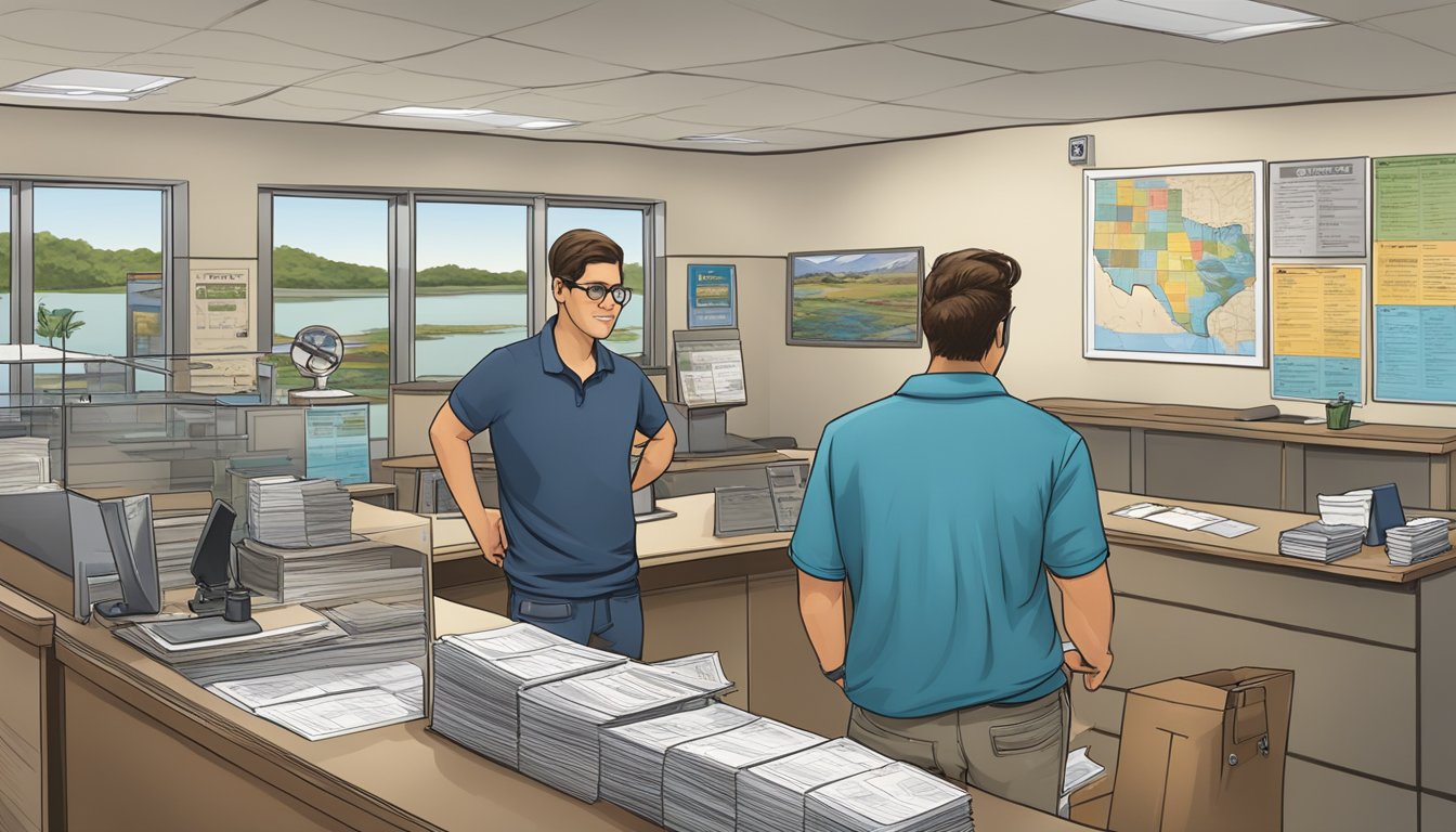 A person standing at a Texas fishing license office, filling out paperwork with a clerk behind the counter assisting. Maps and brochures on display