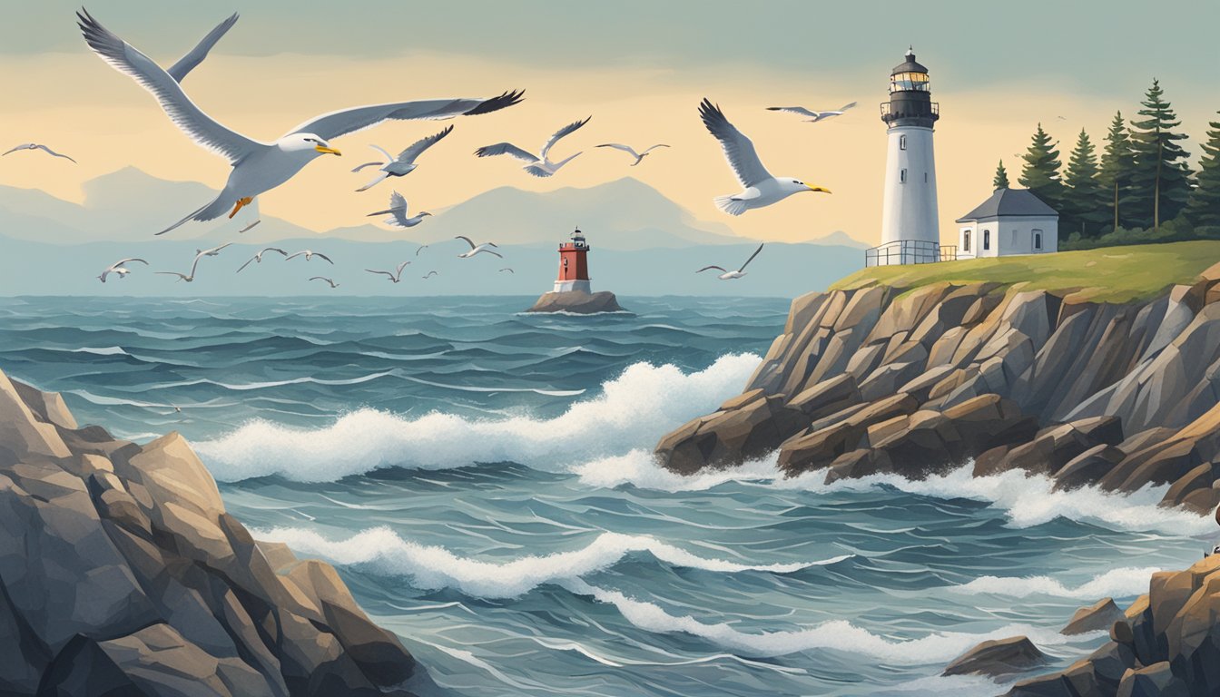 A person standing on a rocky shore, casting a fishing line into the ocean. A lighthouse stands in the distance, with seagulls flying overhead