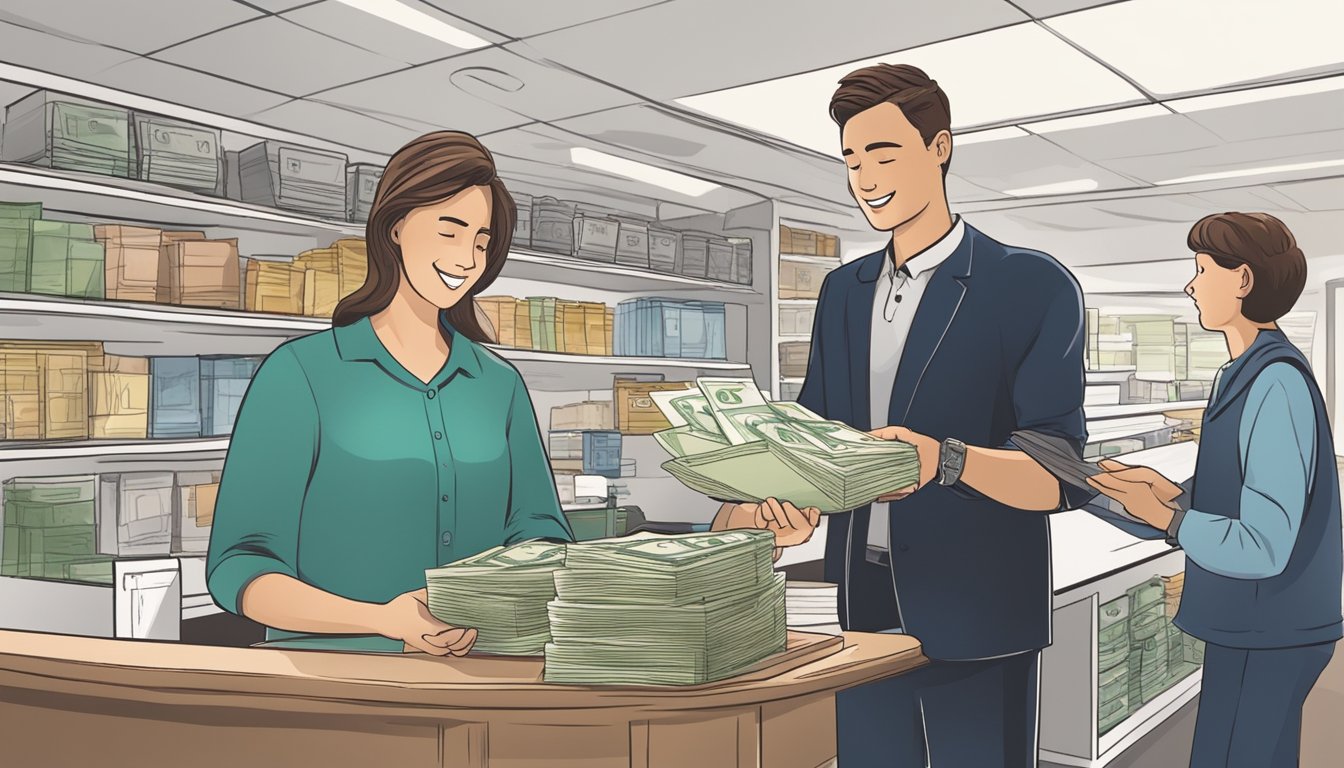 A person standing at a counter, handing over paperwork and money to a clerk. The clerk is holding a stack of licenses and stamps