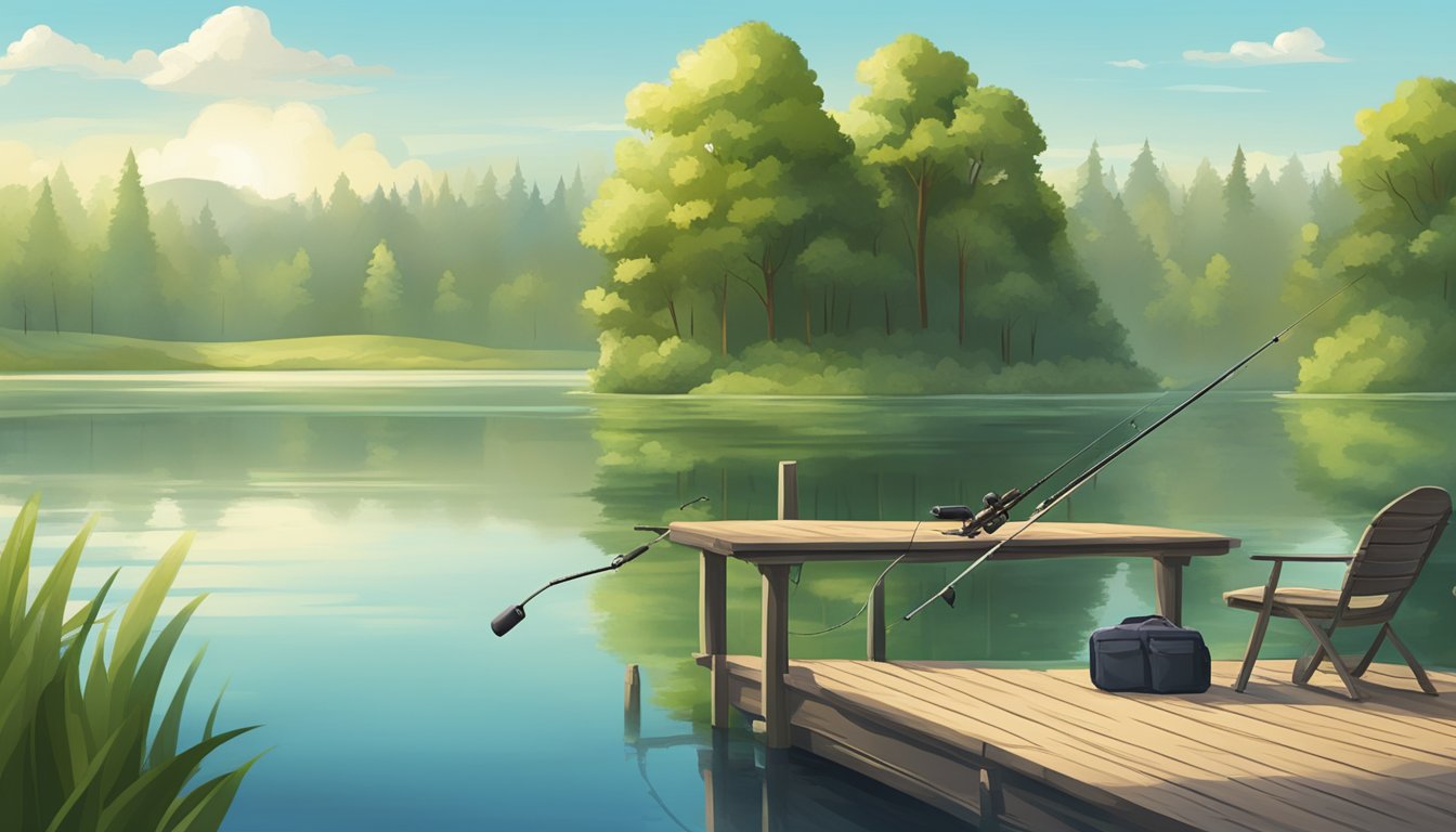 A serene lake surrounded by lush green trees, with a fishing rod and a fishing license displayed on a wooden dock