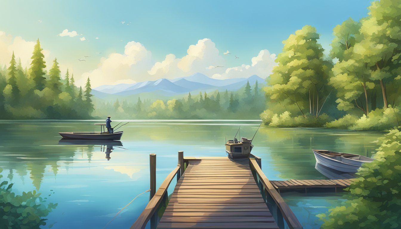 A serene lake with a wooden dock, surrounded by lush green trees and a clear blue sky, with a fishing boat and fishing gear