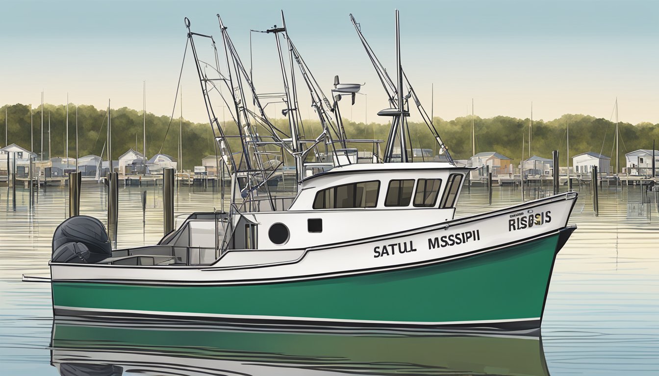 A fishing boat docked at a marina, with a registration number displayed and a sign outlining saltwater fishing regulations in Mississippi