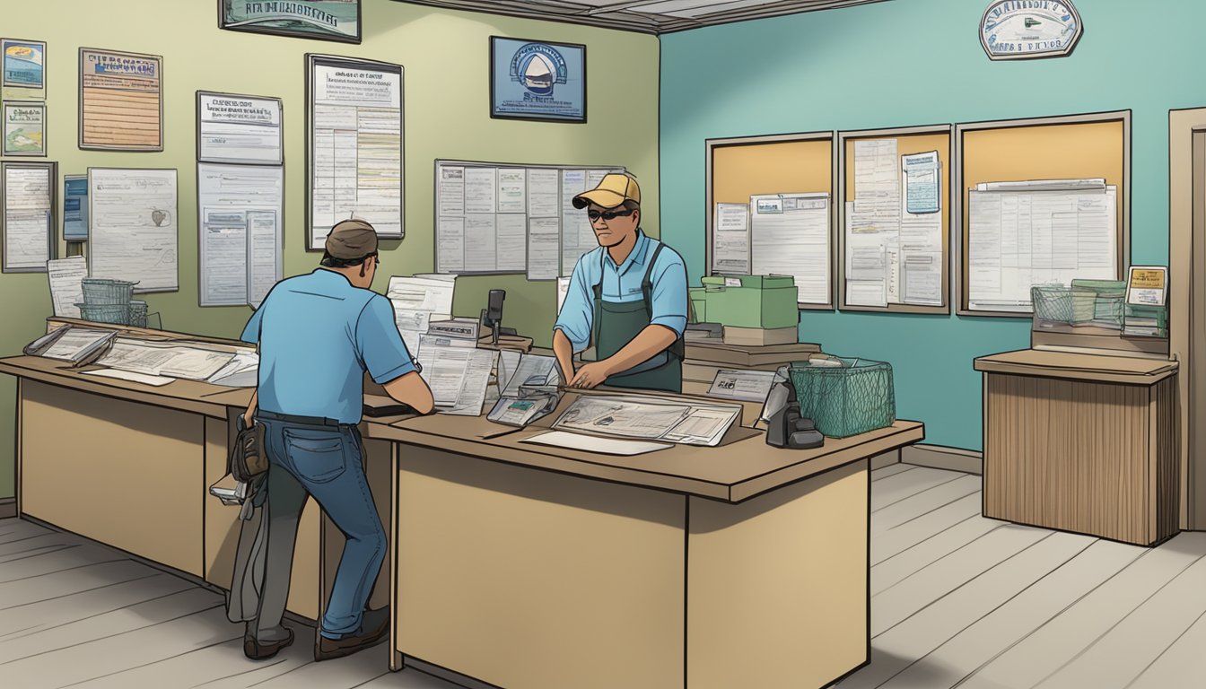 A person standing at a Mississippi fishing license office, filling out paperwork while talking to a clerk behind a desk. Outside, a sign displays "Saltwater Fishing License Permits and Endorsements."