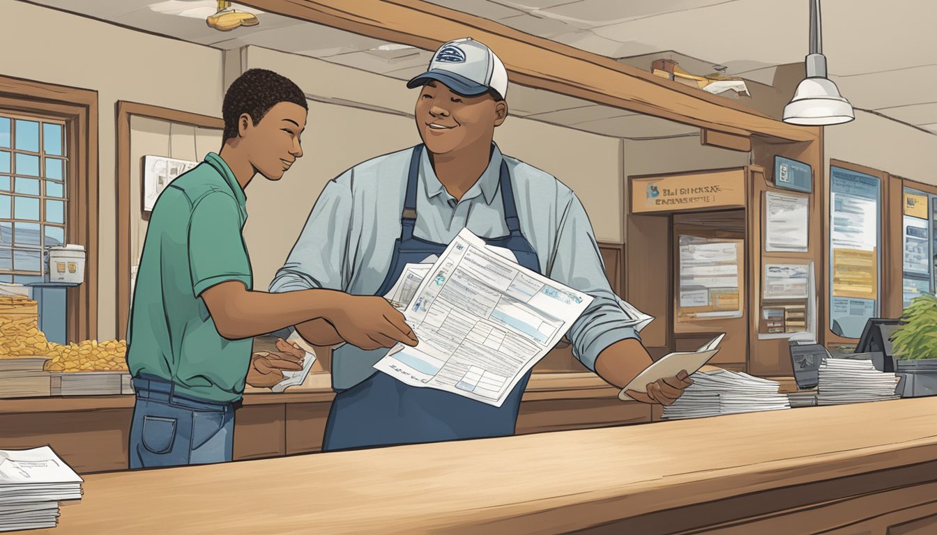 A person standing at a counter, handing over paperwork and payment to a clerk. The clerk is handing back a freshwater fishing license