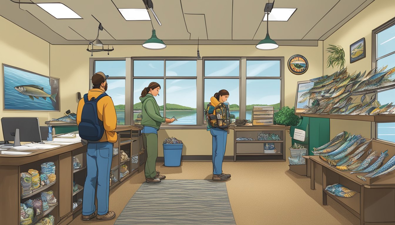 A person standing at a North Dakota fishing license office, filling out paperwork while a clerk assists them. The office is decorated with fishing gear and posters of local fish species