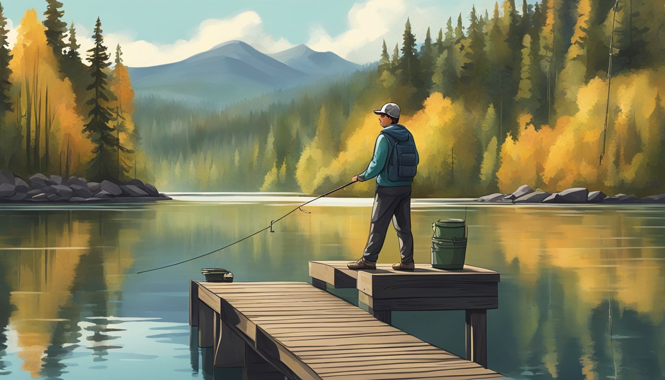 A person standing at a fishing dock, holding a fishing rod, with a lake and forest in the background