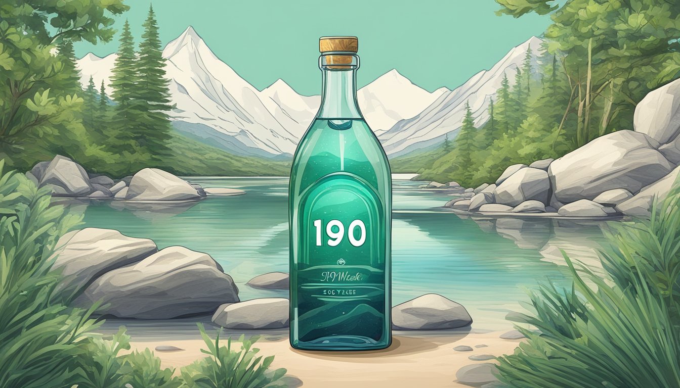 A pristine mountain spring surrounded by lush greenery, with crystal clear water flowing into a pristine glass bottle labeled "1907water."