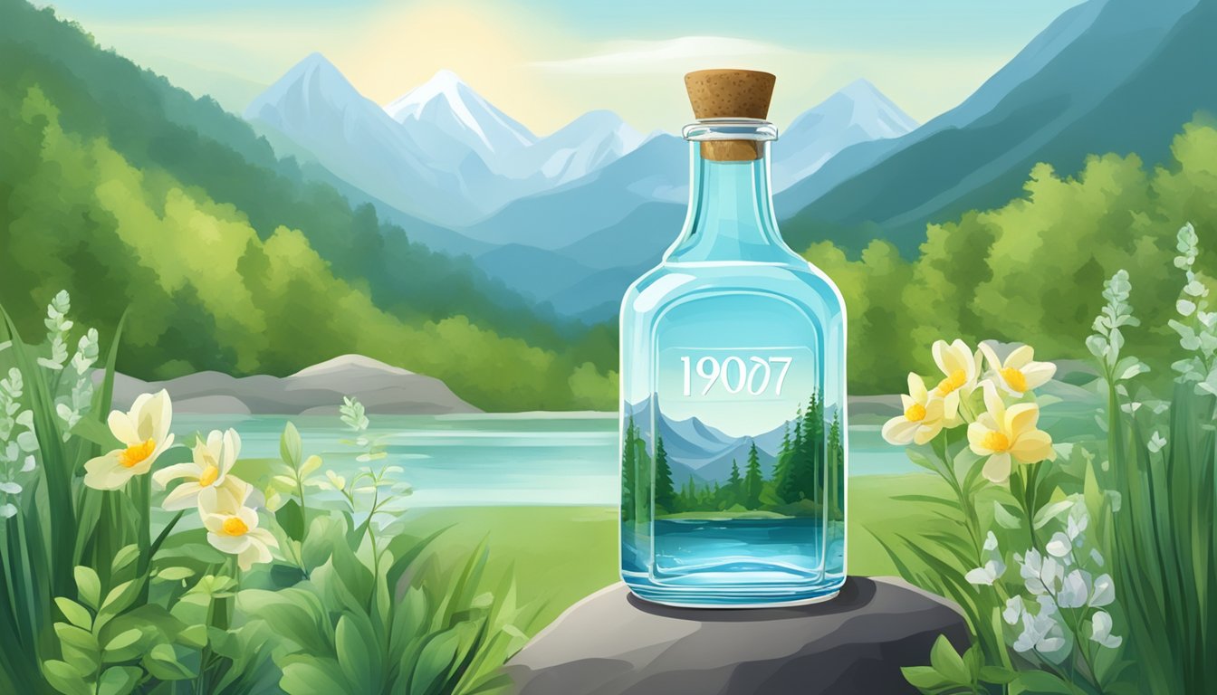 A serene mountain spring surrounded by lush greenery, with clear, pure water flowing into a pristine glass bottle labeled "1907water."