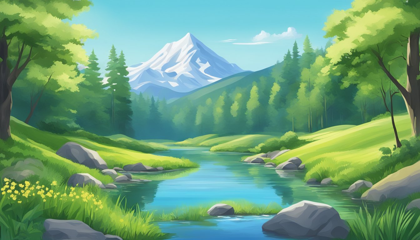 A serene mountain spring surrounded by lush greenery, with a clear stream flowing into a pristine lake, reflecting the blue sky above