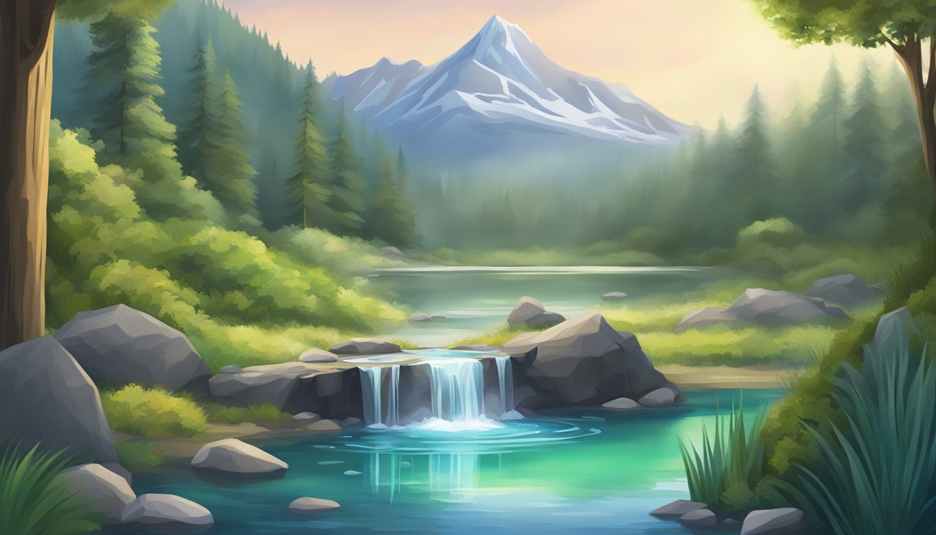 A serene mountain spring surrounded by lush greenery, with a clear, recyclable bottle of Crystal Geyser water nestled among the natural landscape