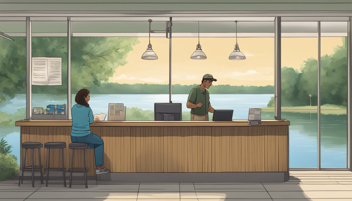 A person standing at a South Carolina fishing license office, filling out paperwork while talking to a clerk behind the counter. Outside, a serene lake reflects the surrounding trees