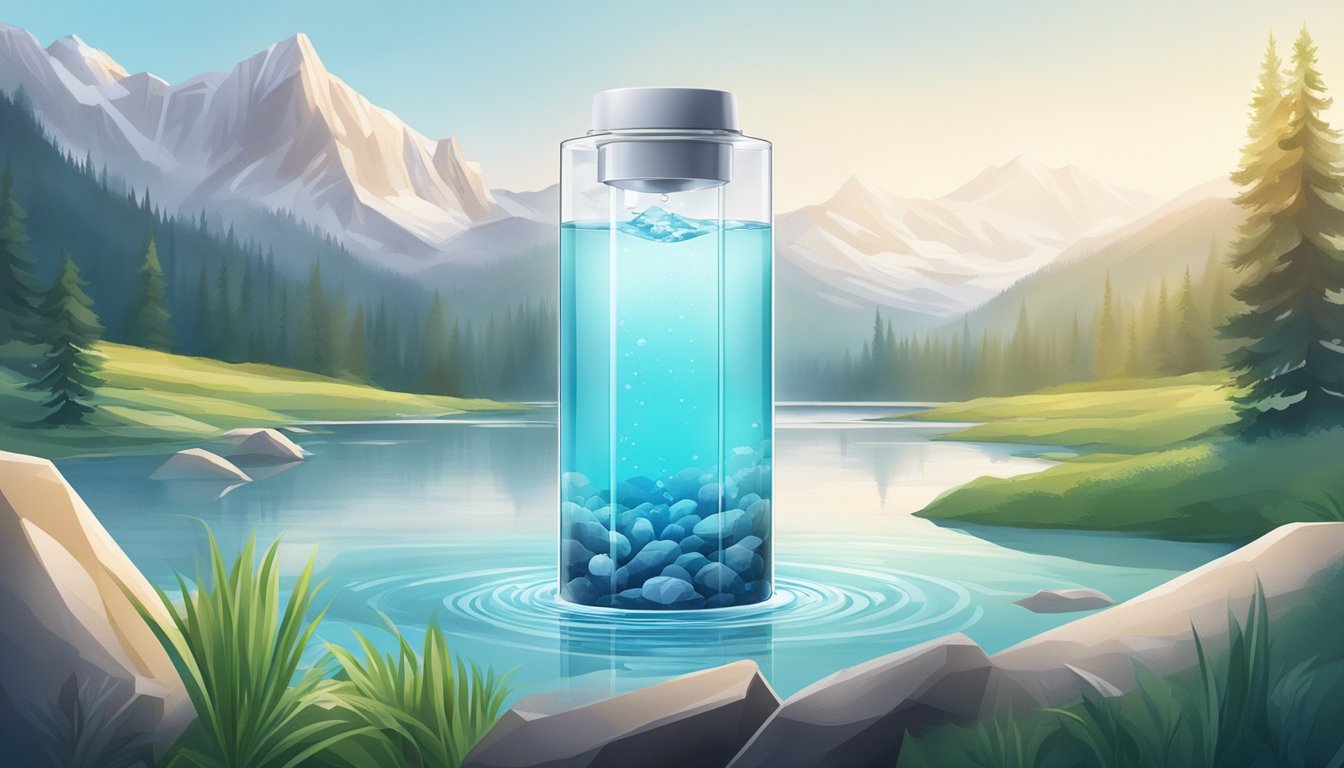 A pristine mountain spring feeds into a high-tech filtration system, producing pure, crystal-clear water in sleek, minimalist packaging