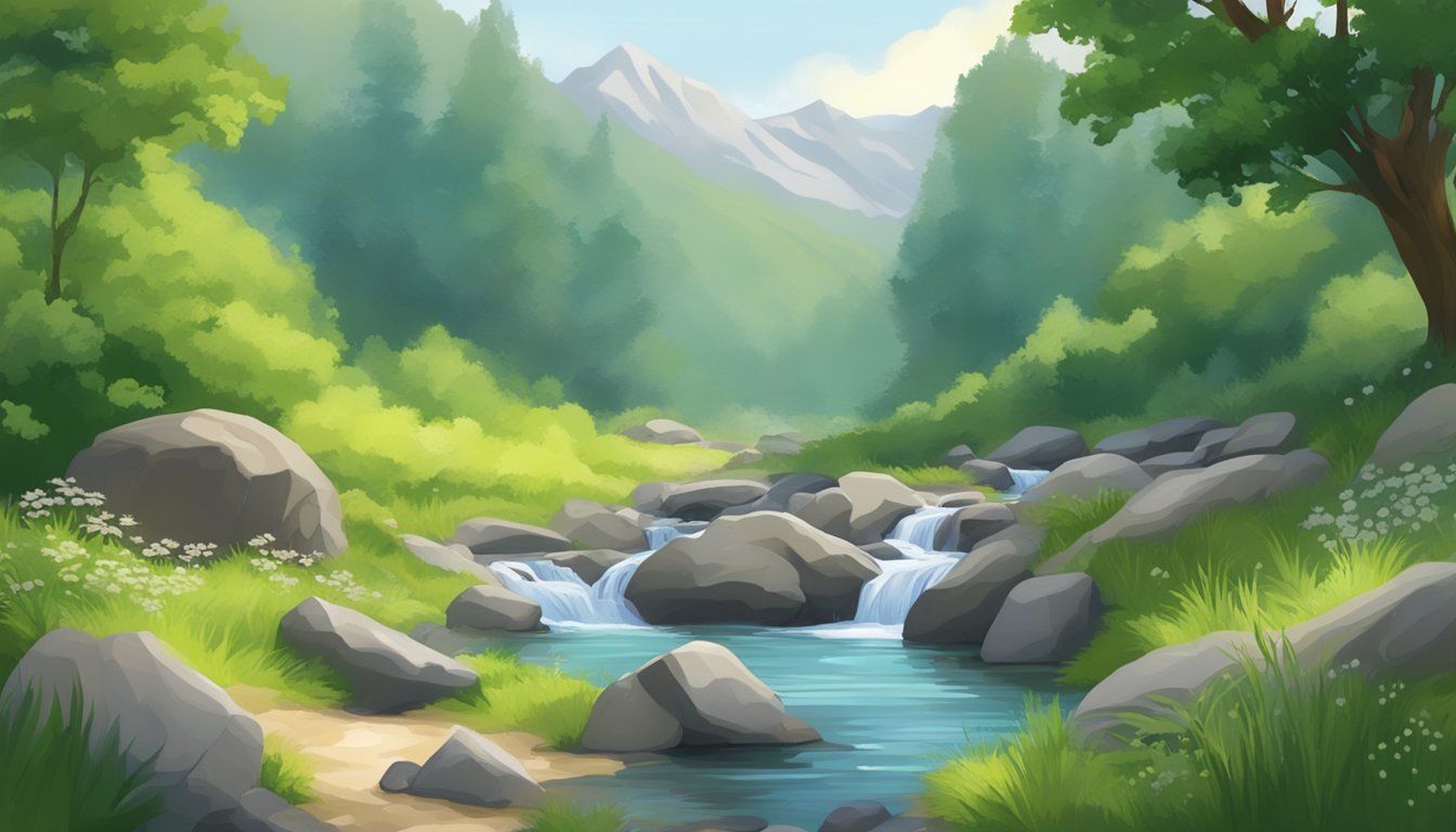 A serene mountain spring with a clear, bubbling stream, surrounded by lush greenery and wildlife