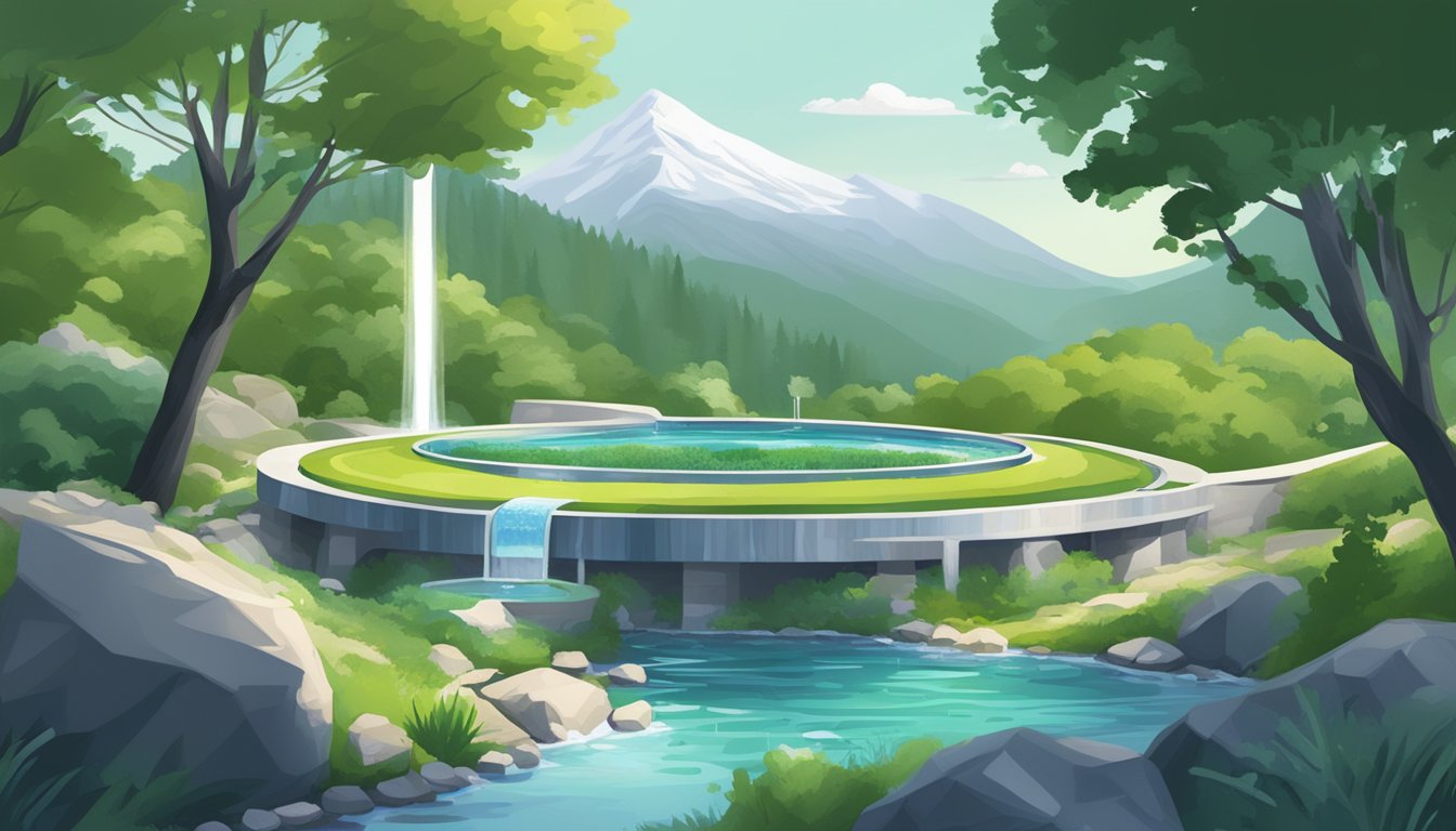 A pristine mountain spring surrounded by lush greenery, with a sleek, modern water bottling facility in the background