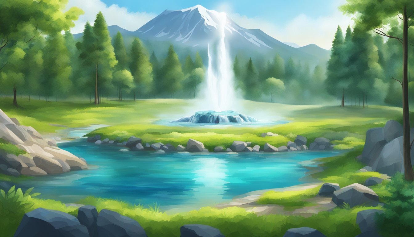 A pristine mountain spring surrounded by lush greenery and wildlife, with a crystal clear geyser shooting up into the sky