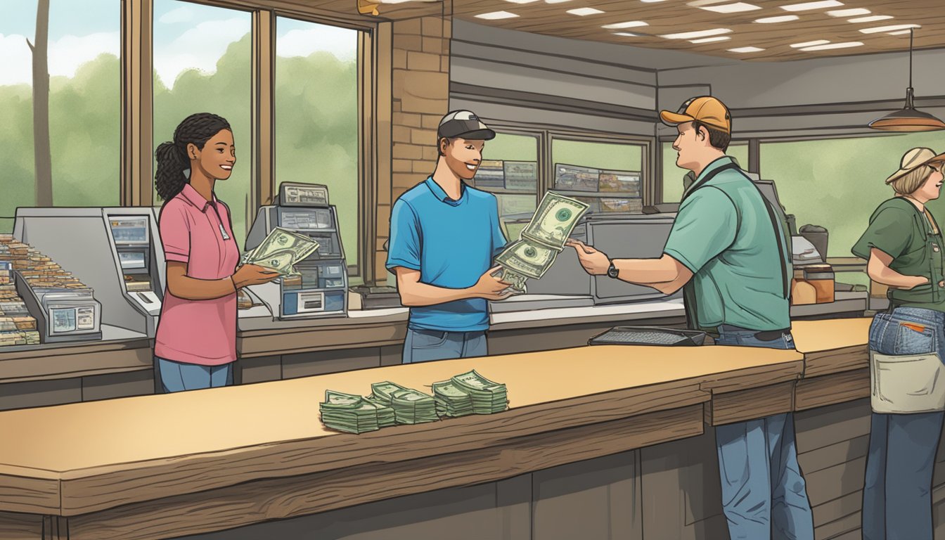 A person standing at a counter, handing over money to a clerk while receiving a freshwater fishing license in South Carolina