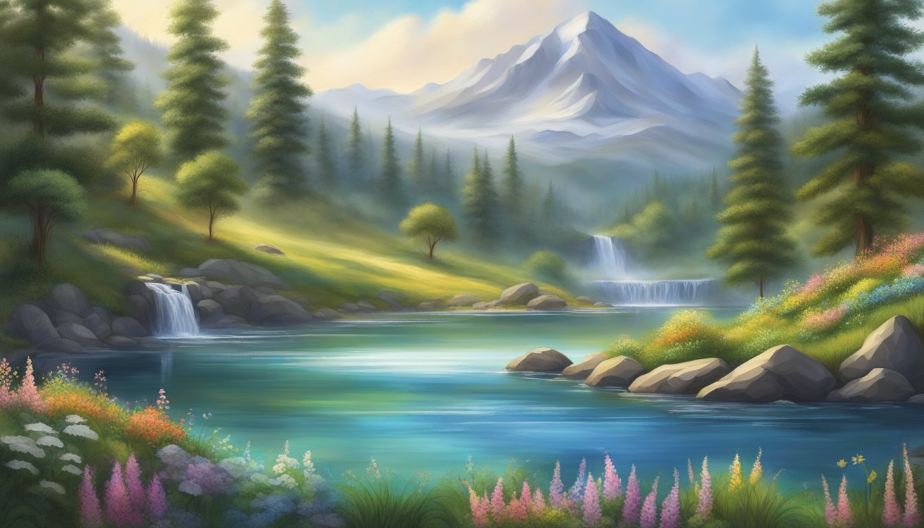 A serene mountain spring flows into a crystal-clear lake, surrounded by lush greenery and vibrant wildflowers. A sparkling waterfall cascades into the lake, creating a tranquil and pure water source