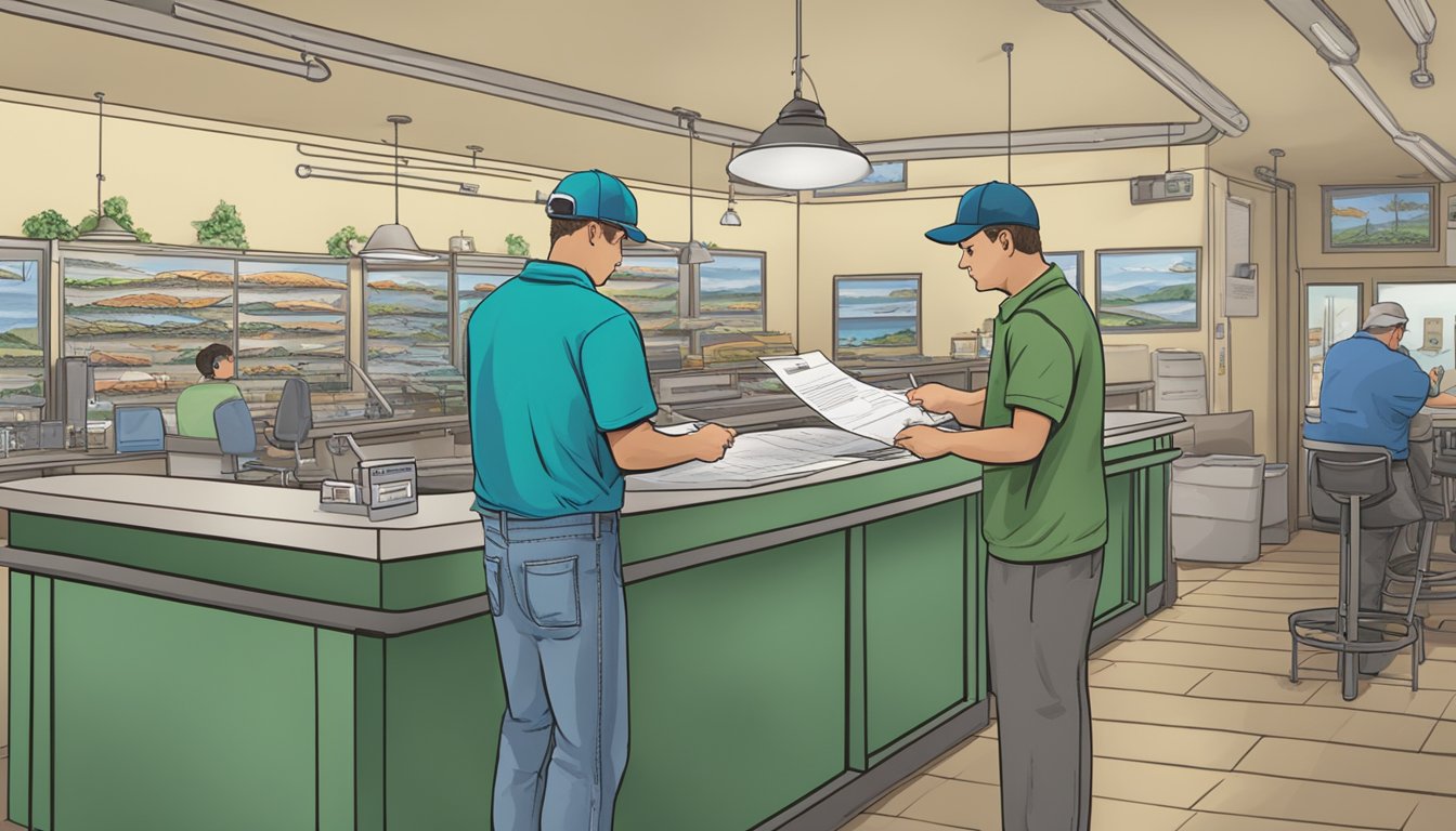 A person standing at a counter, filling out paperwork, while a clerk behind the counter processes their freshwater fishing license application