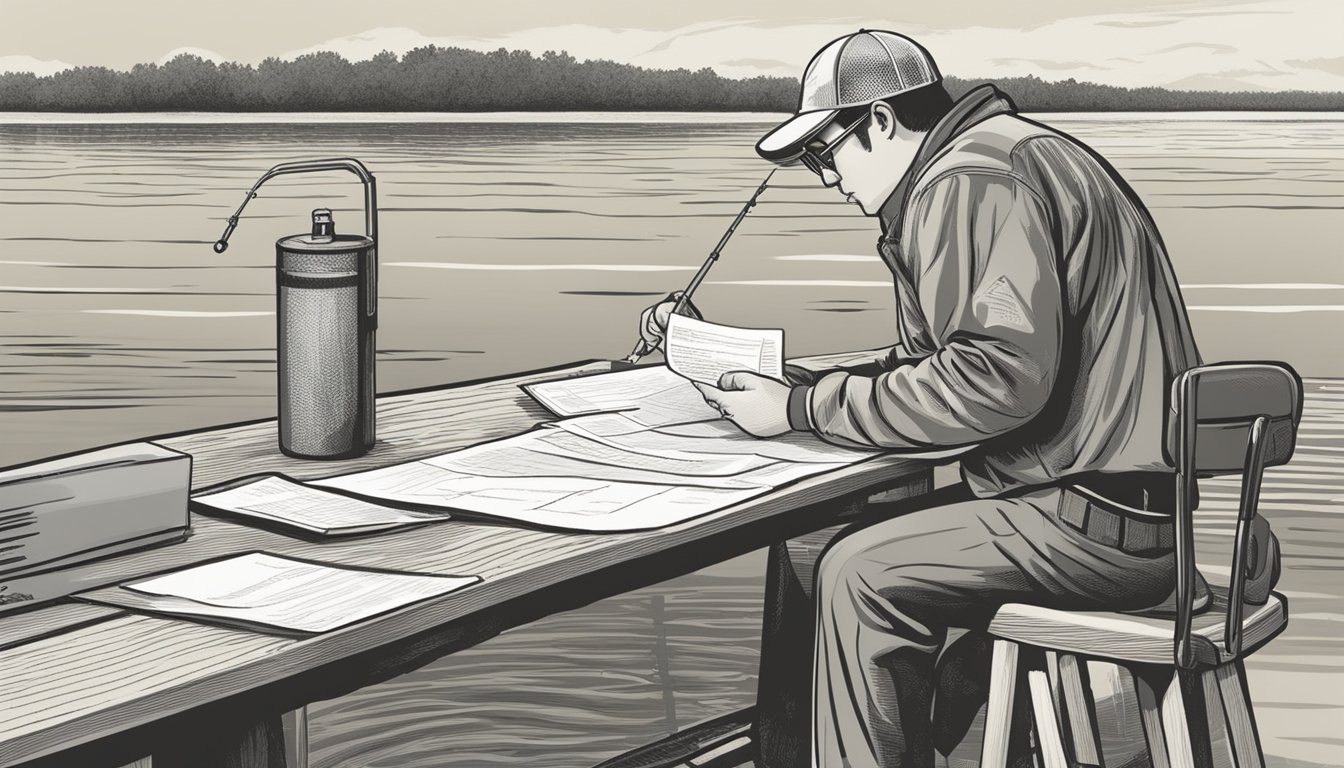 A person filling out a form at a government office, presenting identification and payment for a freshwater fishing license in South Carolina