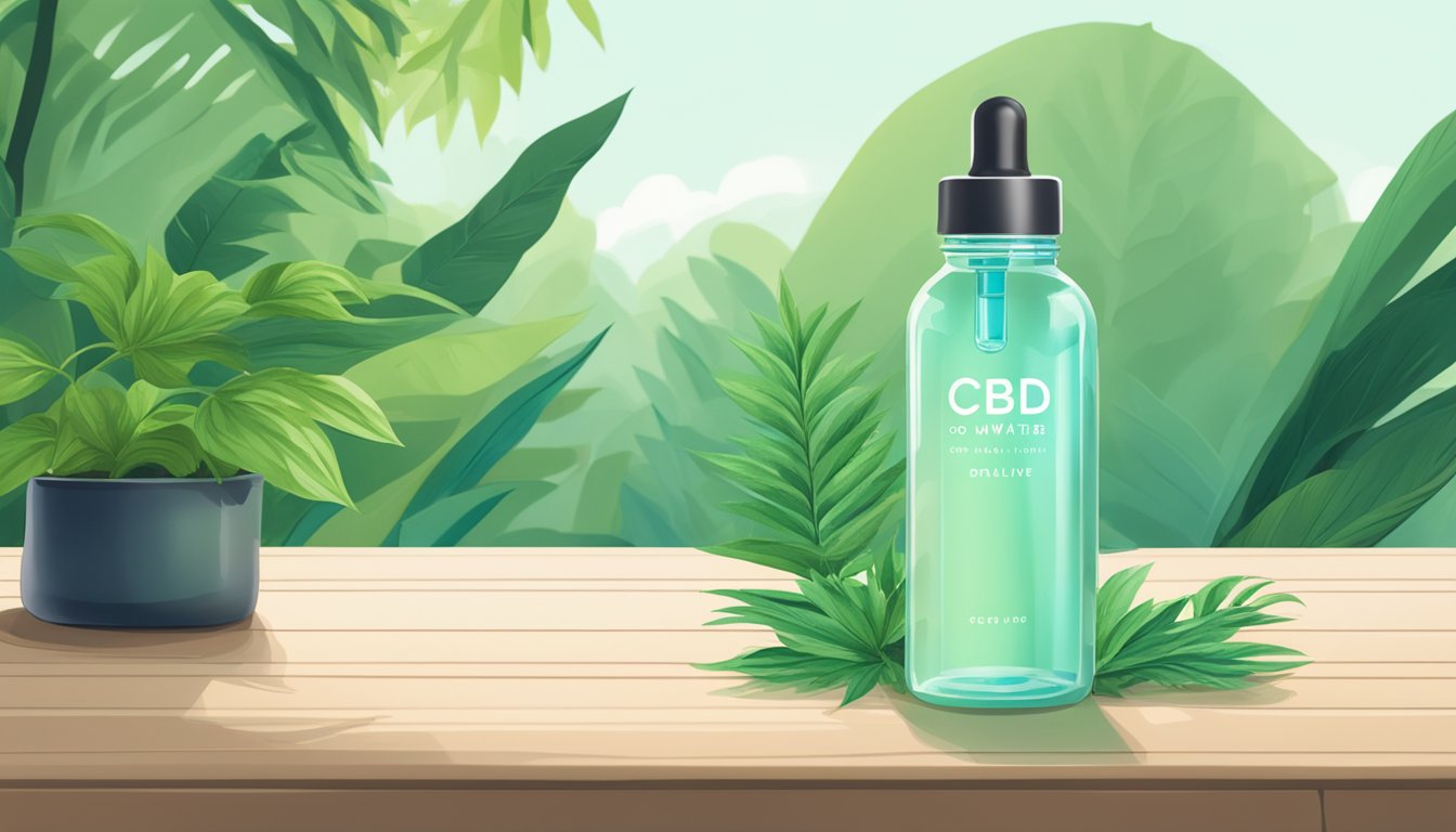 A serene, crystal-clear bottle of CBD water sits on a sleek, modern table surrounded by lush green plants and a calming, natural backdrop