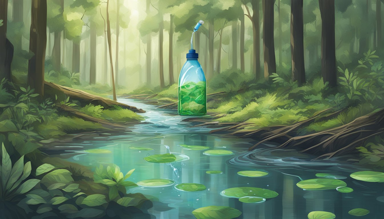 A serene forest stream polluted with discarded plastic bottles, with a prominent CBD water bottle floating in the water