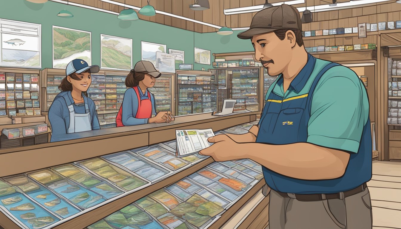 A person purchasing a Texas freshwater fishing license at a local outdoor store