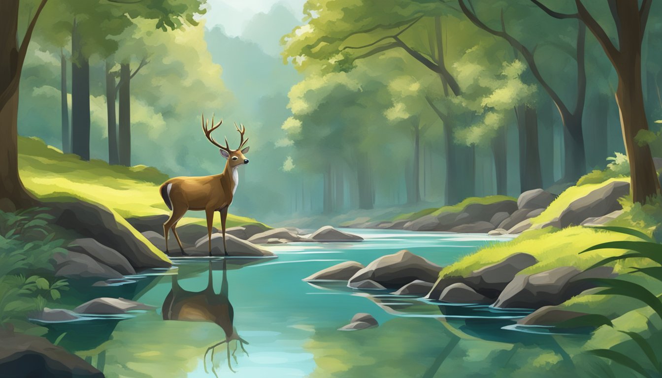 A serene forest stream with a deer drinking from a crystal-clear pool