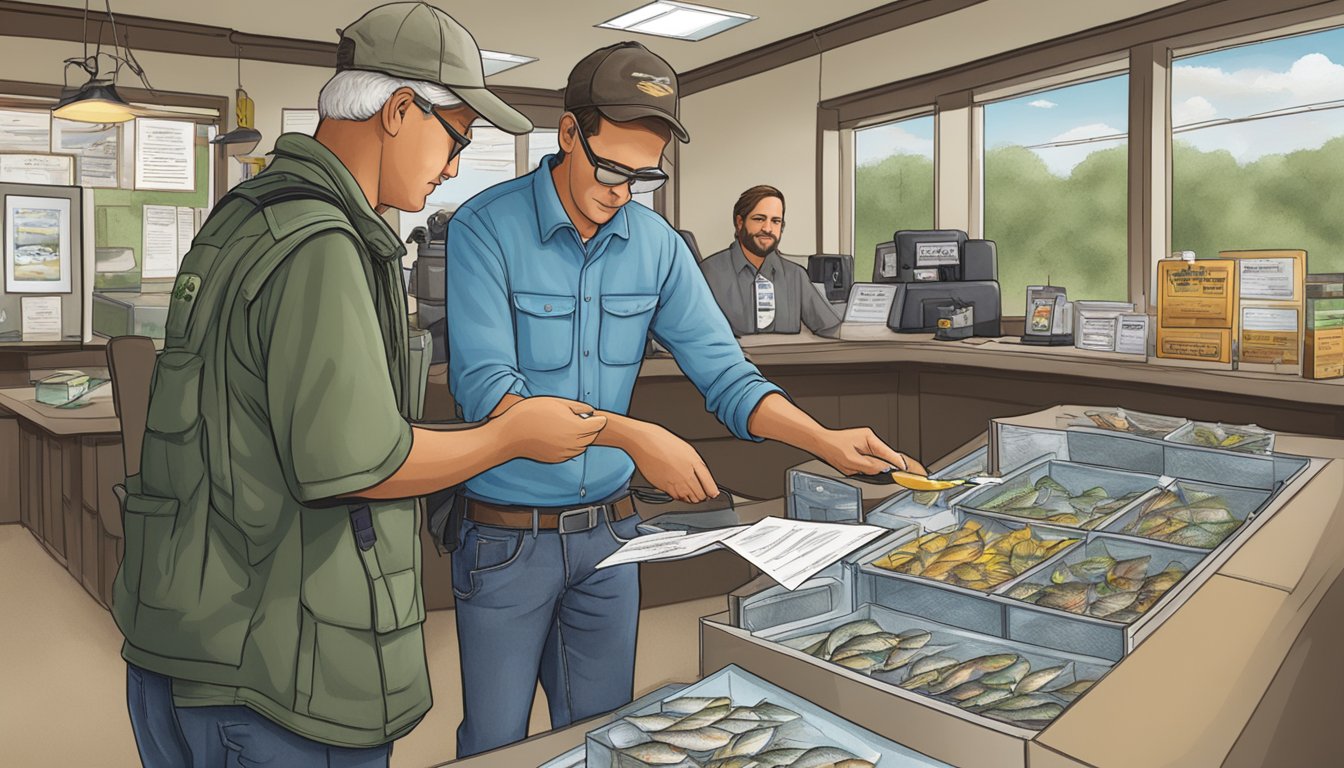 A person purchasing a freshwater fishing license at a Texas wildlife office