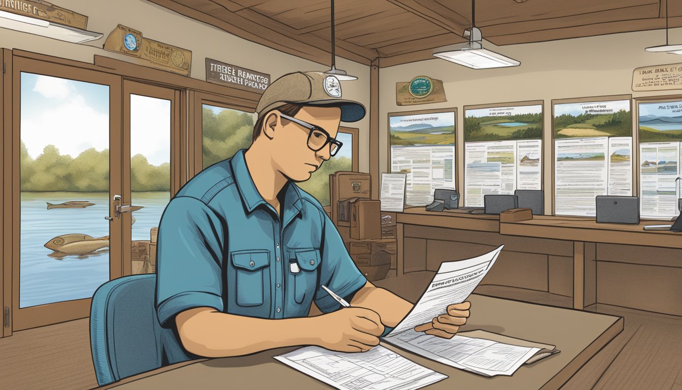 A person filling out paperwork at a Texas state park office, with a sign displaying "Lifetime Licenses and Special Packages" for freshwater fishing