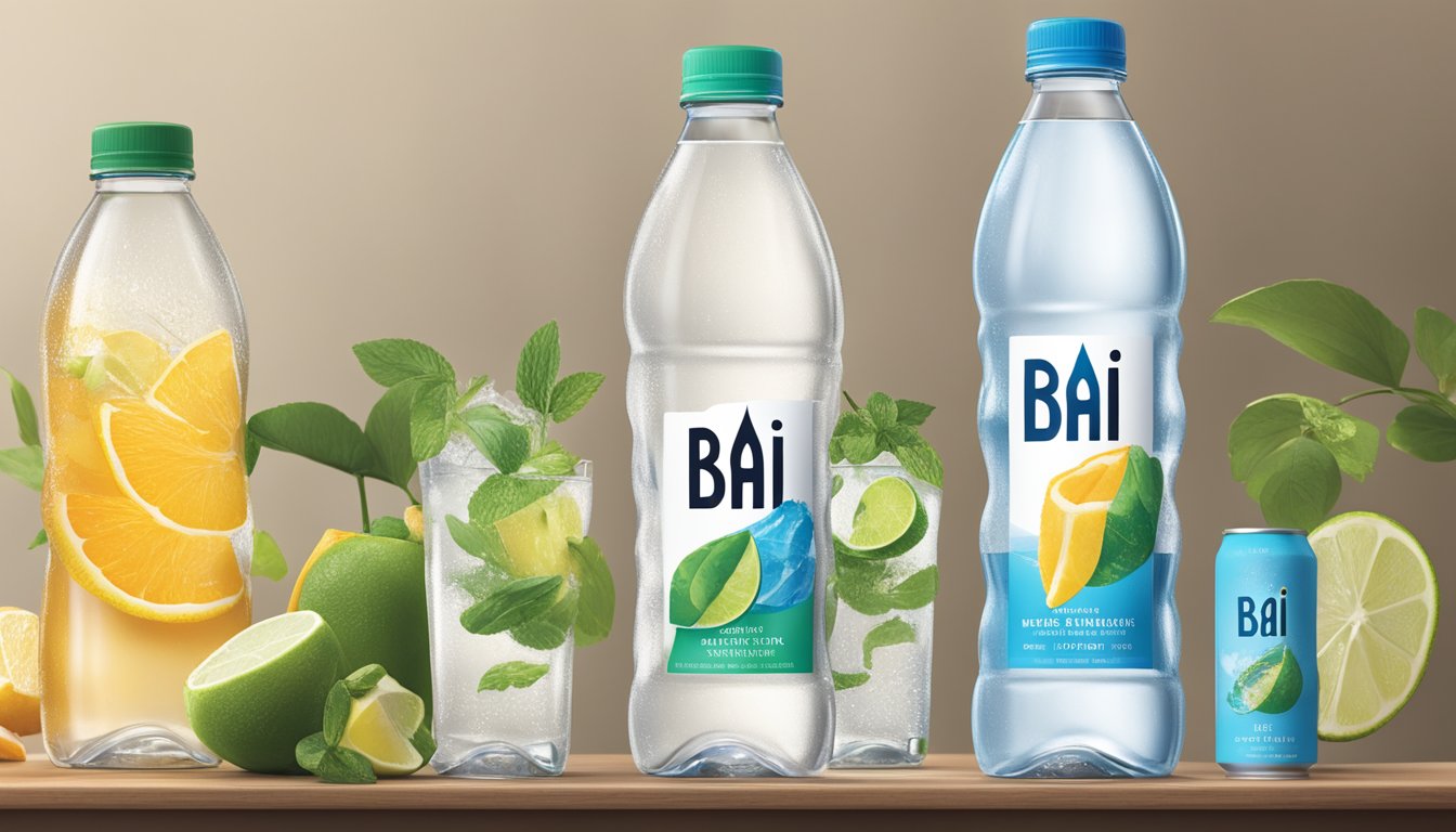 A sleek, modern bottle of Bai water stands prominently on a shelf, surrounded by other beverages. The label features bold, eye-catching graphics