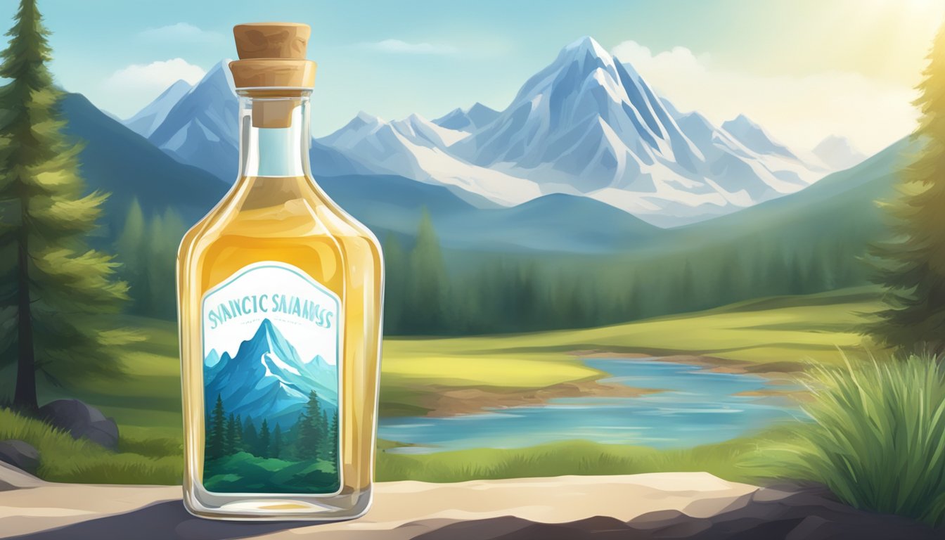 A pristine mountain spring flows into a clear, glass bottle with a label featuring a majestic mountain range. The water sparkles in the sunlight