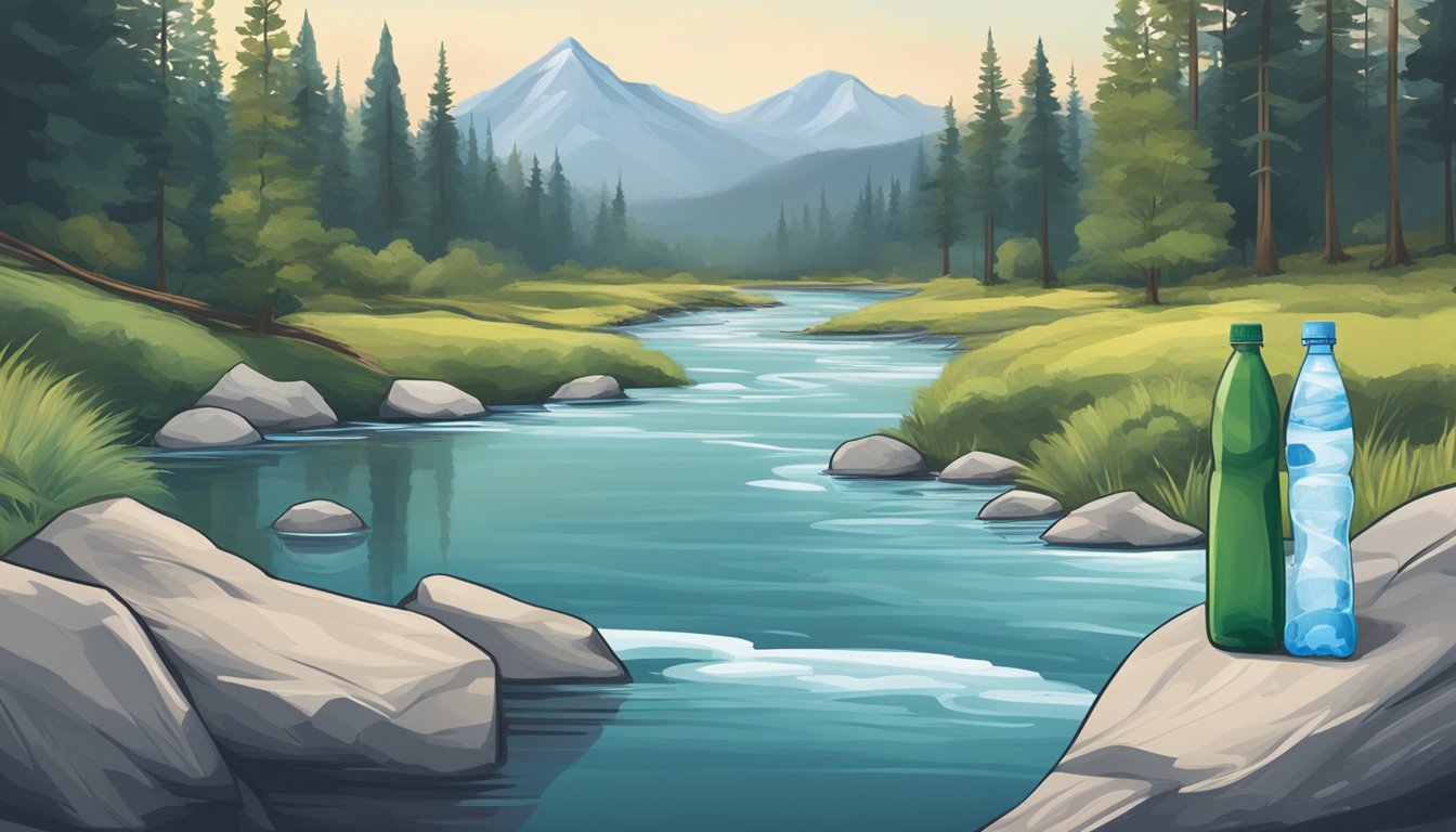 A serene mountain landscape with a clear, flowing stream and various brands of bottled water lined up for comparison