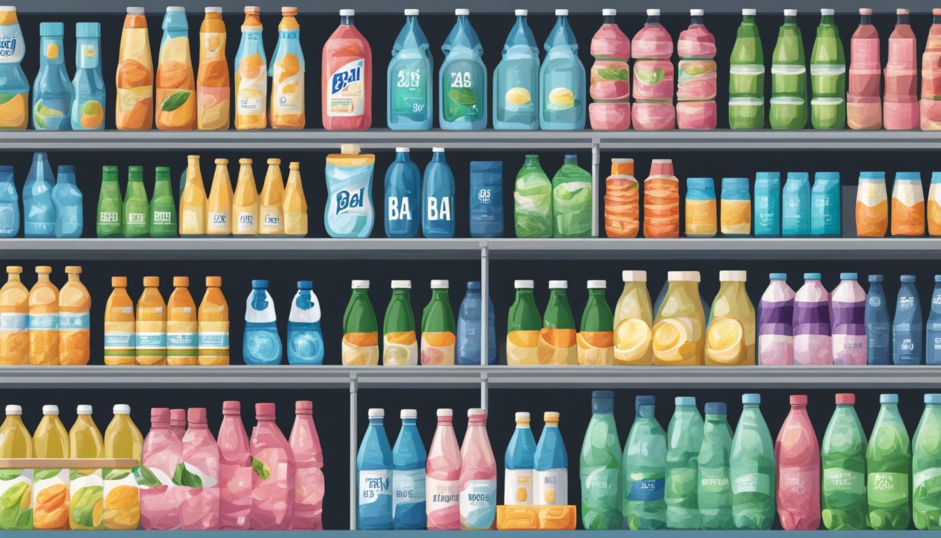 A bustling grocery store shelf with rows of Bai bottled water, surrounded by other beverages and products