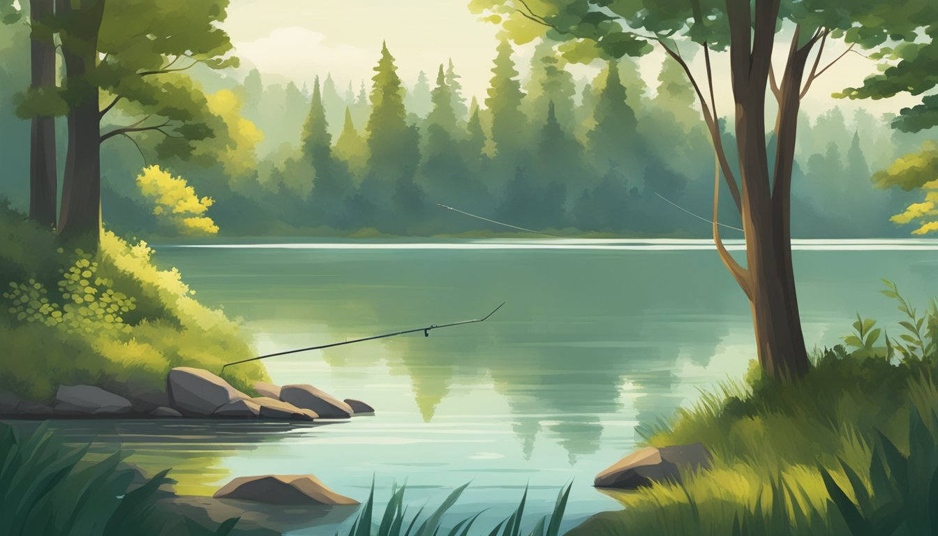 A serene lake surrounded by lush green trees and the sound of water gently lapping against the shore, with a fishing rod and tackle box nearby