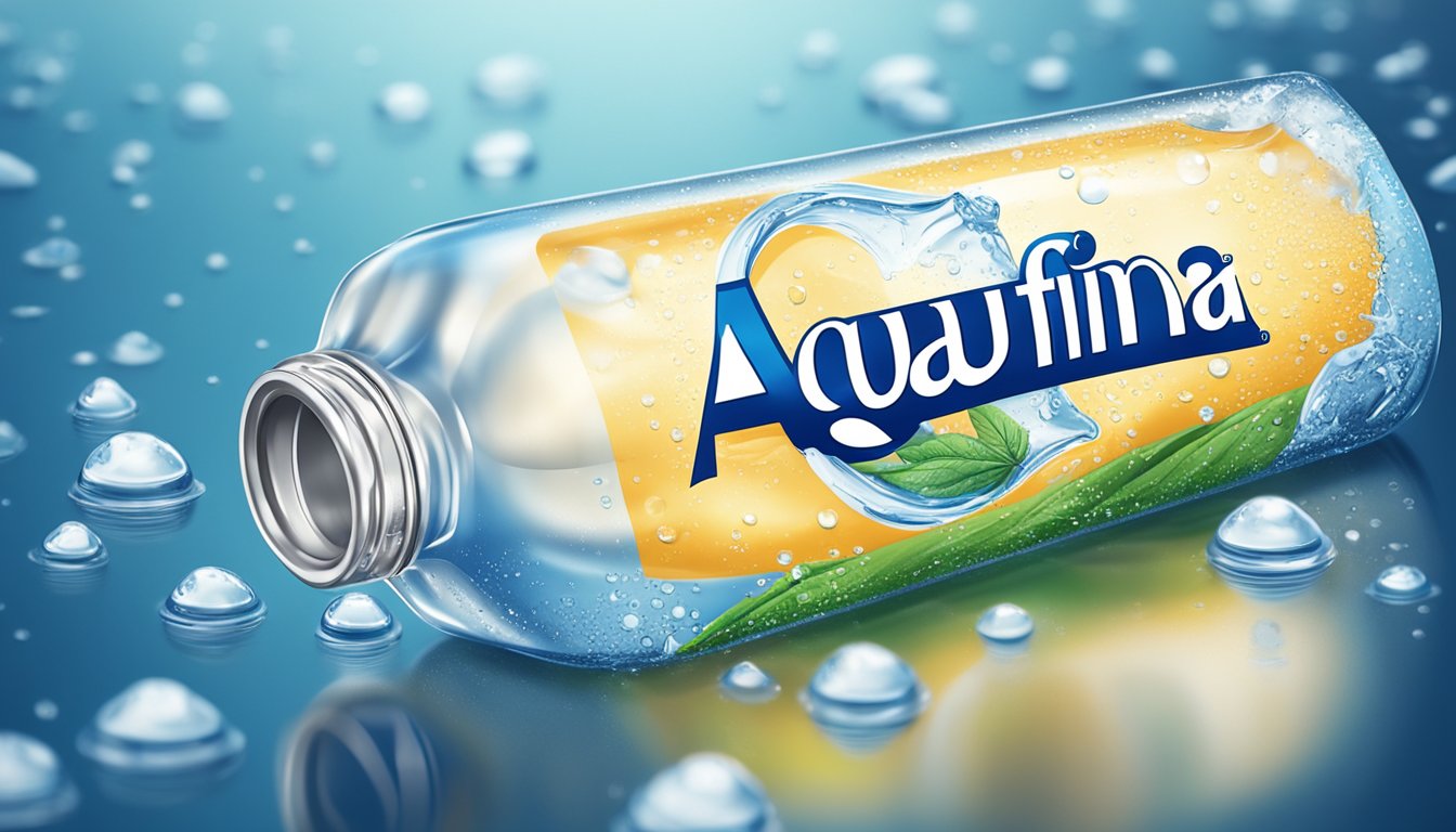 A clear plastic bottle of Aquafina sits on a reflective surface, surrounded by droplets of water. The label is facing forward, catching the light