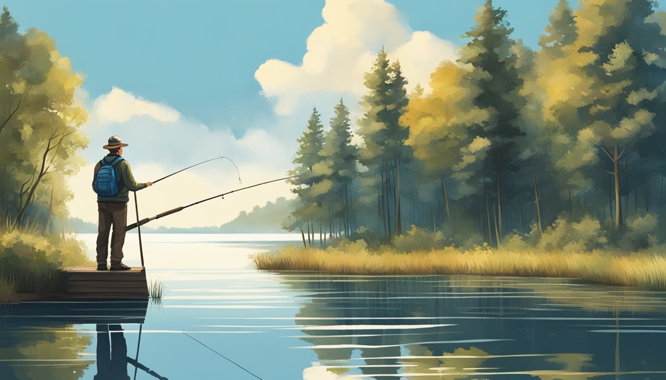 A person standing at a lakeside dock, holding a fishing rod and looking out at the calm water, surrounded by trees and a clear blue sky