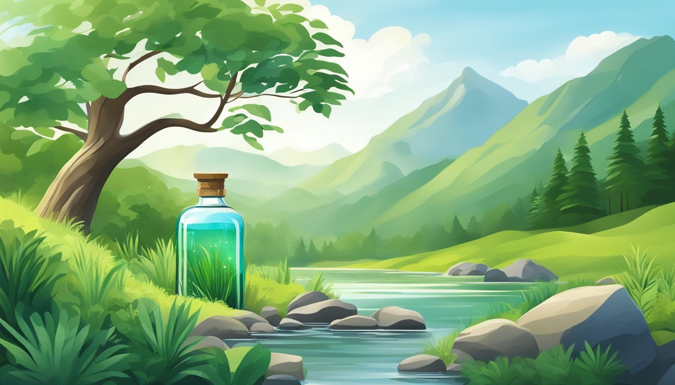 A serene mountain spring surrounded by lush greenery, with a clear stream of water flowing into a pristine, transparent bottle