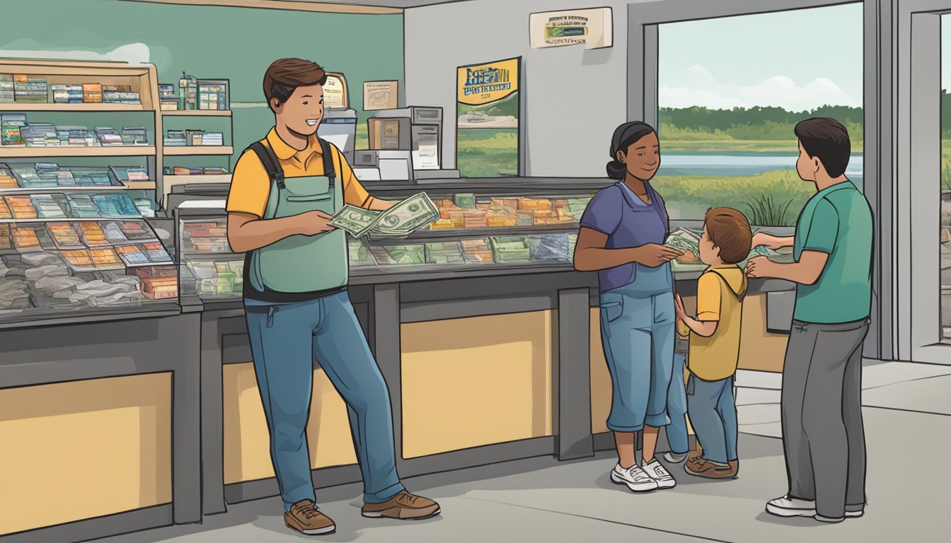 A person standing at a counter, handing money to a clerk in exchange for a freshwater fishing license in Wisconsin