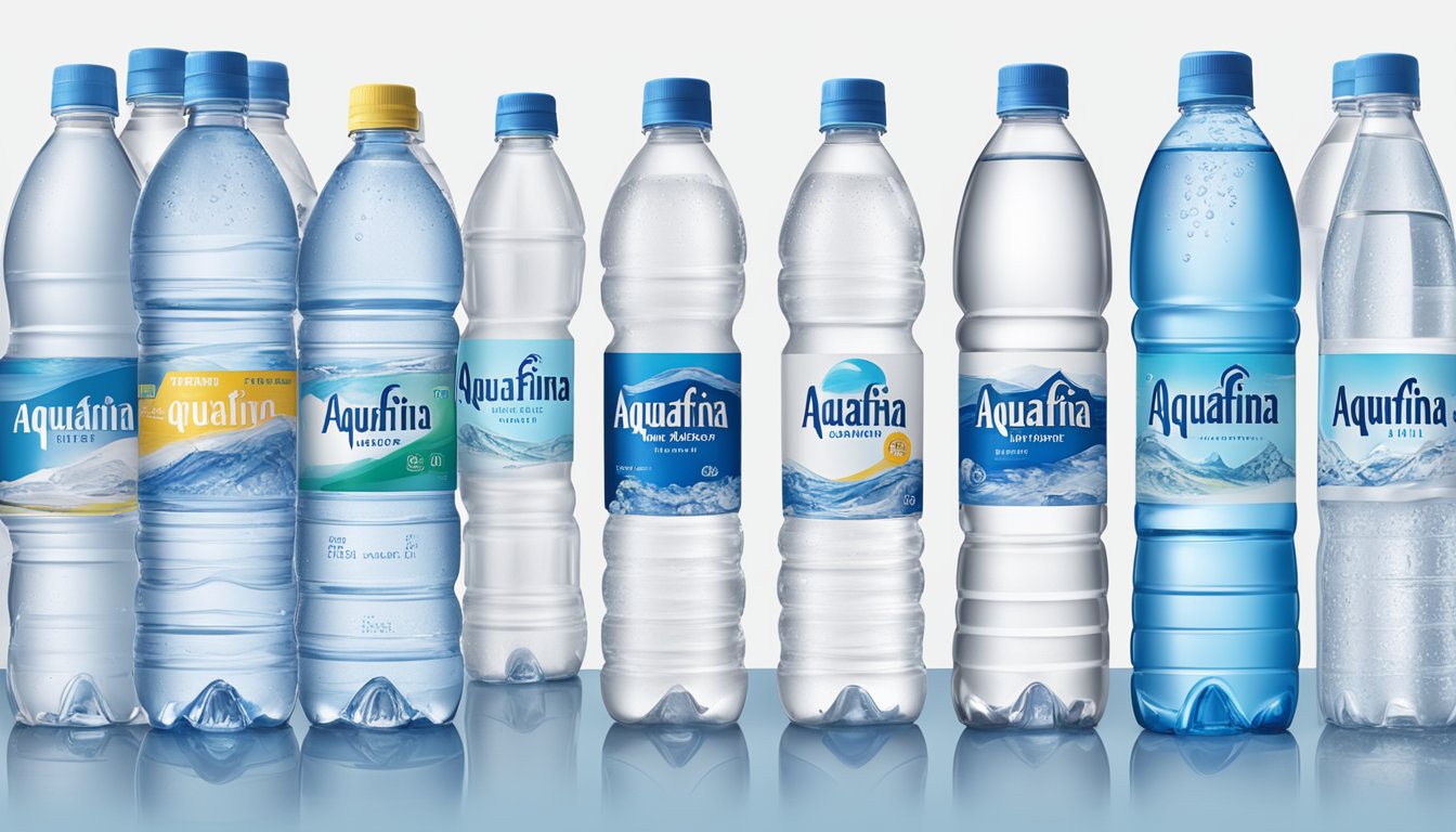 A lineup of various bottled water brands, including Aquafina, with price tags and a scale for comparison