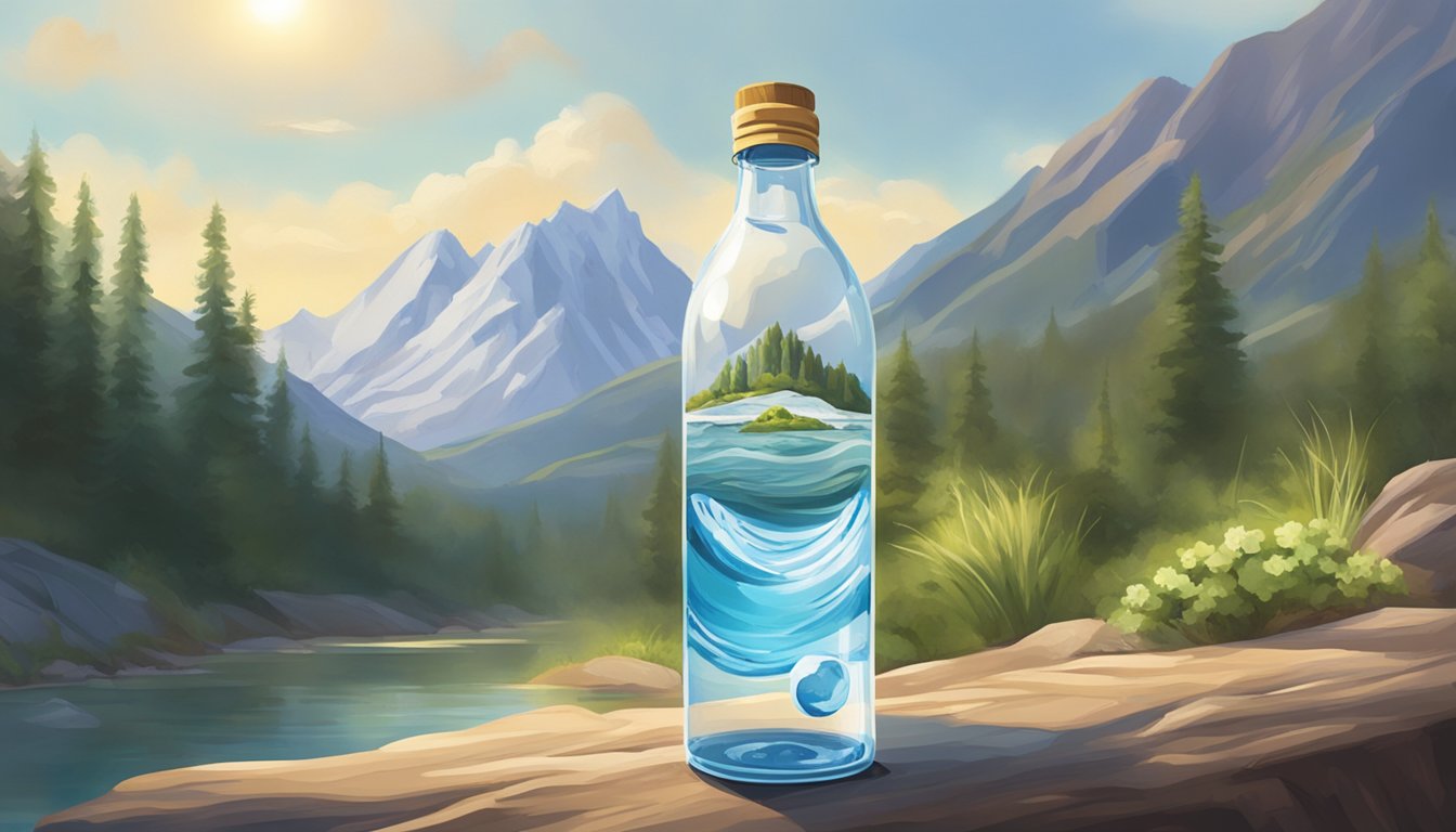 A pristine mountain spring flows into a clear, glass bottle labeled "Understanding Bottled Water is augi." The sunlight glints off the water, emphasizing its purity